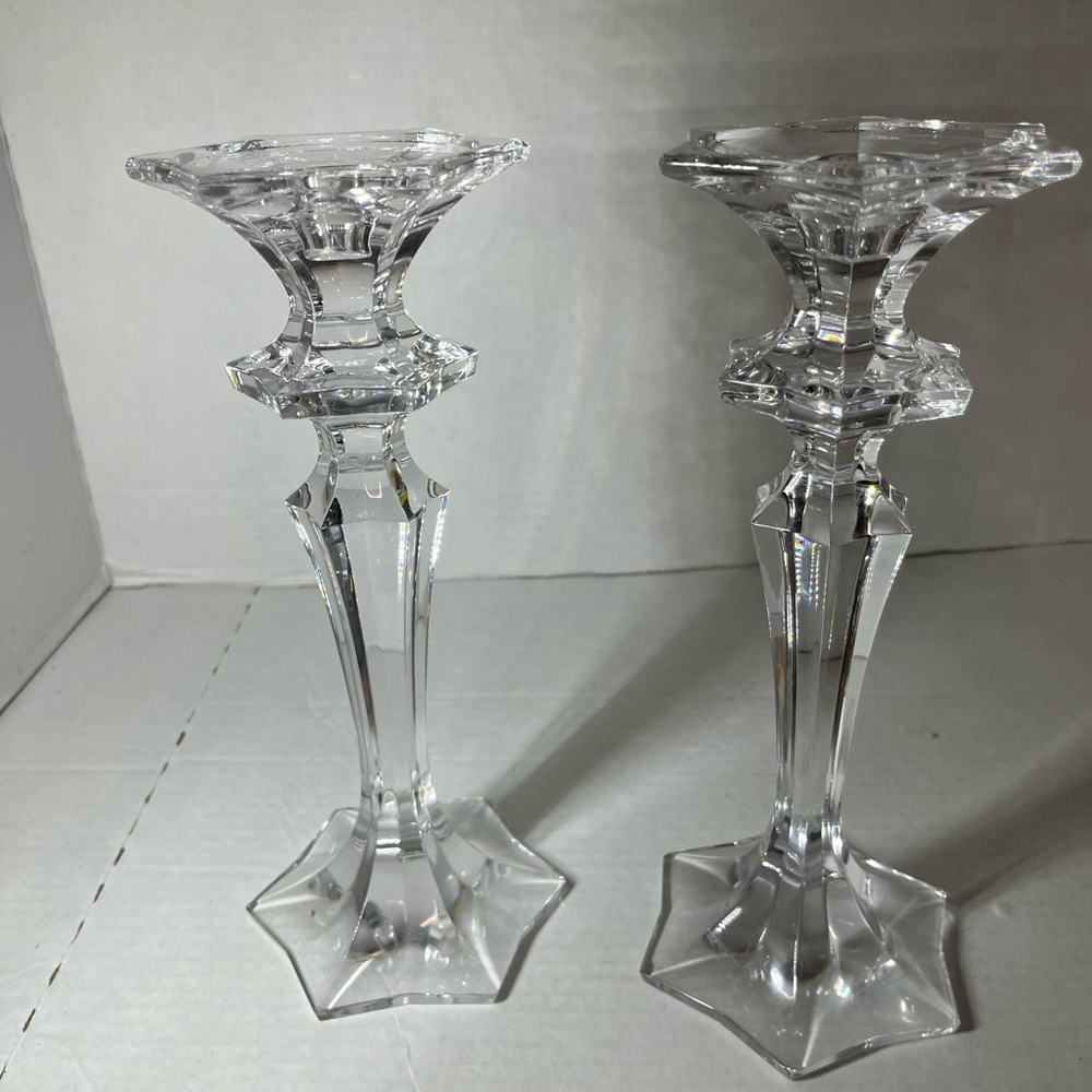 Pair of Tall Crystal Clear Candle Holders 10”